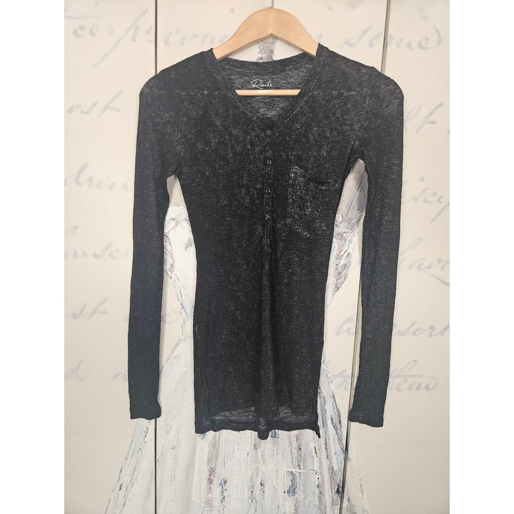 Rails Womens XS Henley Top Charcoal Black Metallic Burnout Long Sleeve‎ Pocket